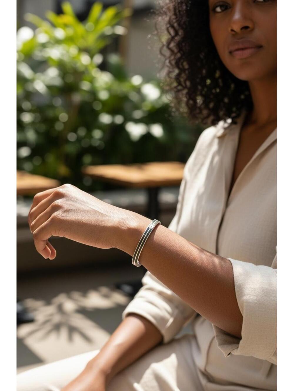 Native American Style Silver and Black Inlay Bangle Bracelet